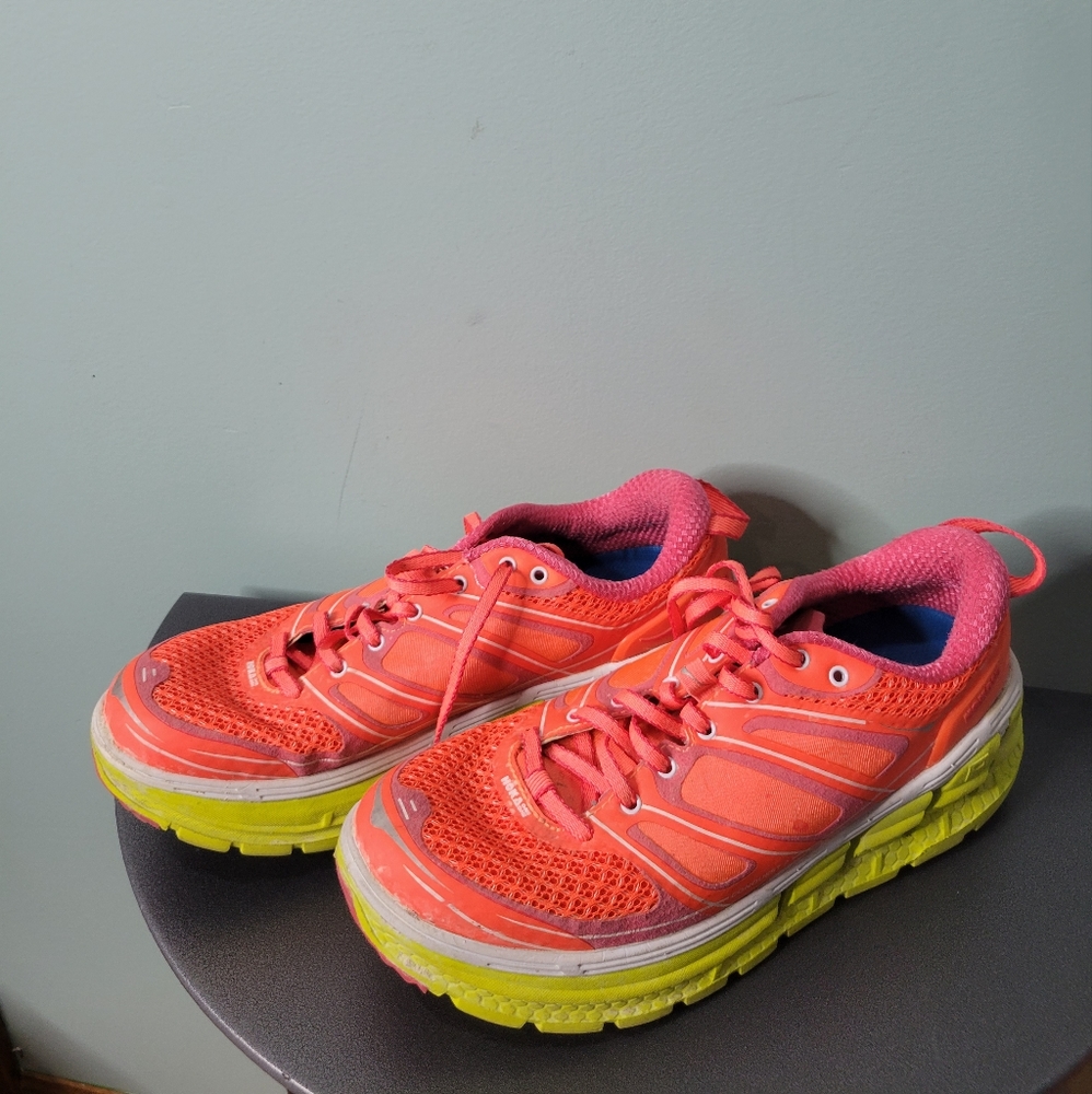 Hoka One One Women's Bright Coral and Neon Yellow Running Shoes
